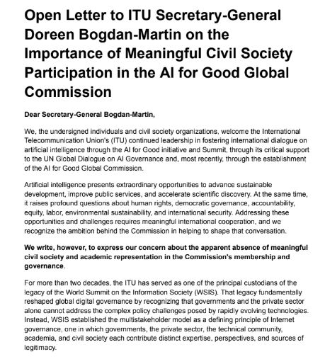 Open Letter to ITU Secretary-General Doreen Bogdan-Martin on the Importance of Meaningful Civil Society Participation in the AI for Good Global Commission